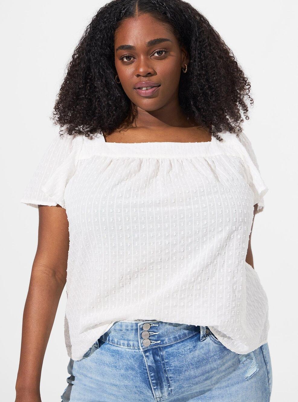 Torrid Clip Jacquard Square Neck Flutter Sleeve Top, Cloud Dancer, NWT, 3X